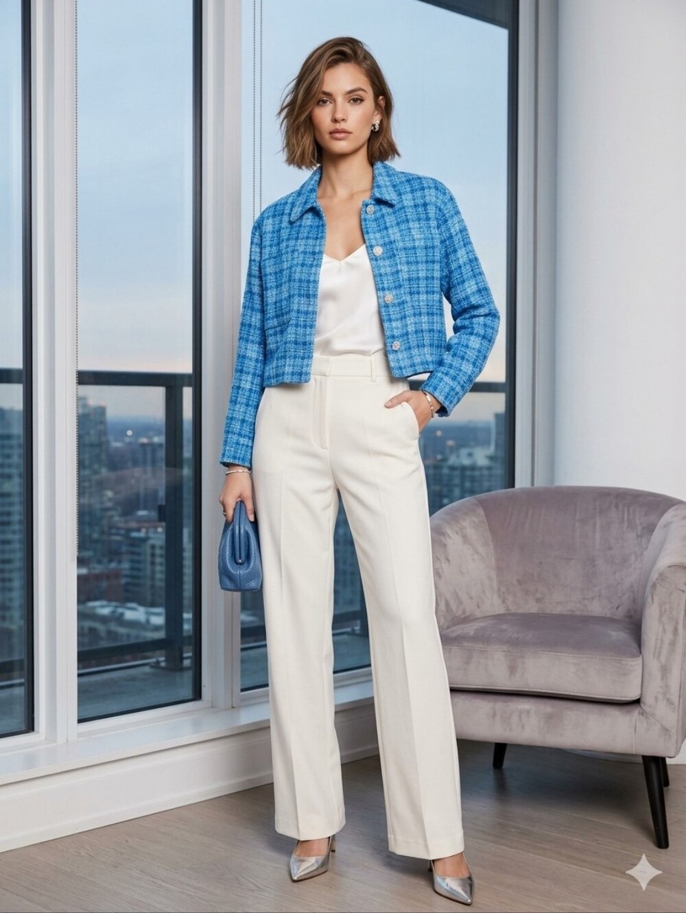 ZARA Blue & White Plaid Blazer Jacket L